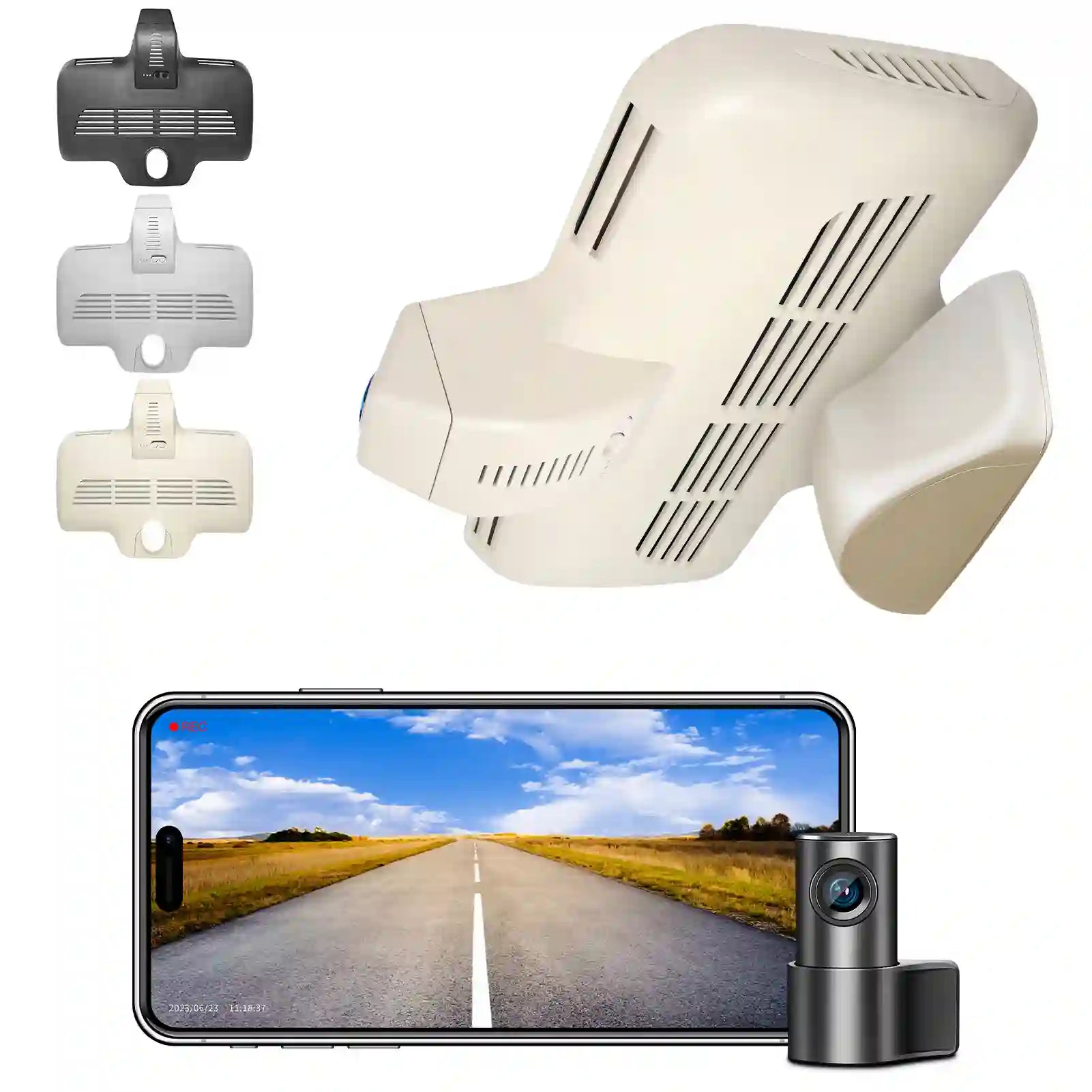 Car dashboard camera with smartphone displaying a road scene, and additional camera parts on a white background.