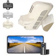 Car dashboard camera with smartphone displaying a road scene, and additional camera parts on a white background.