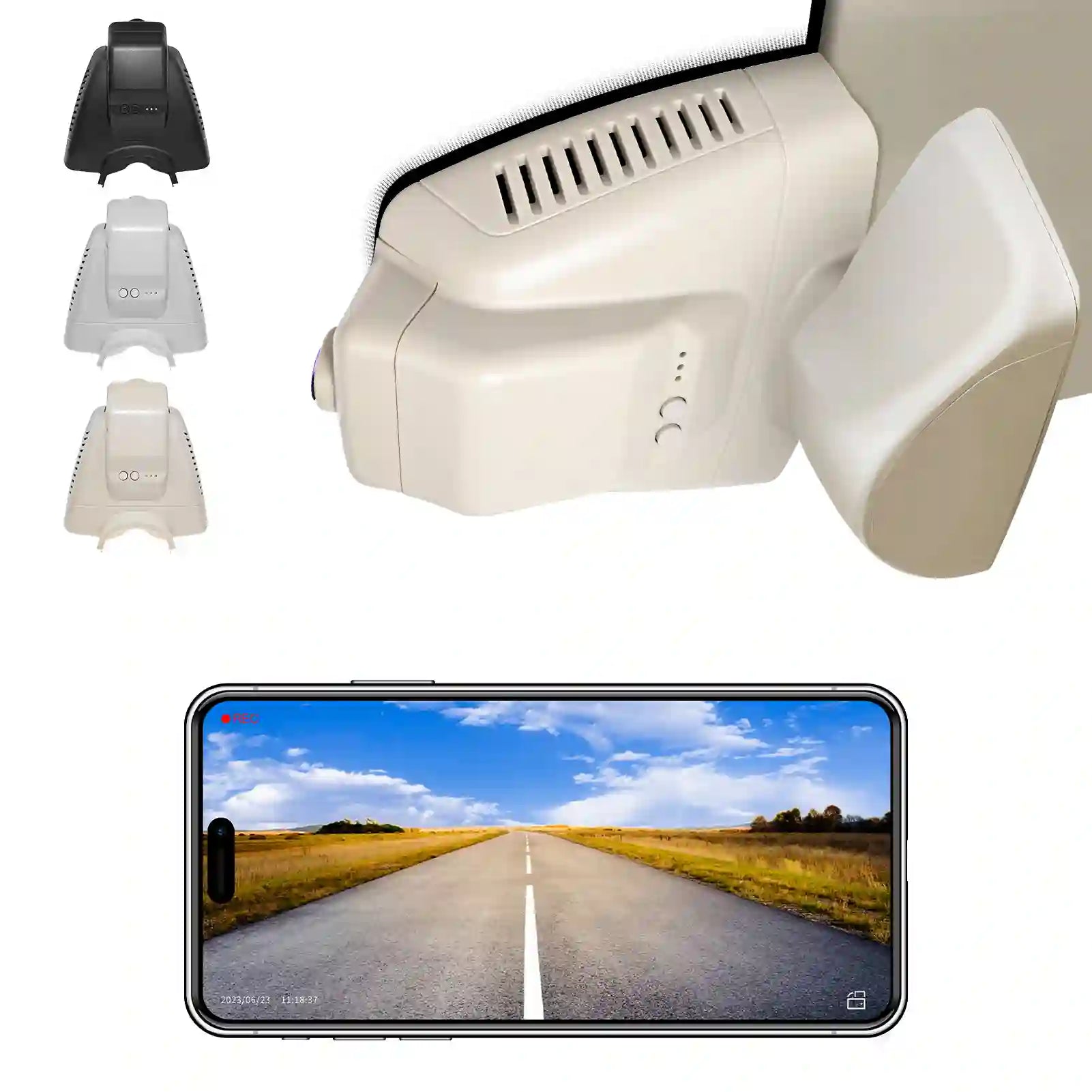 Mercedez Benz Car dashboard camera with smartphone displaying a road scene beige color 