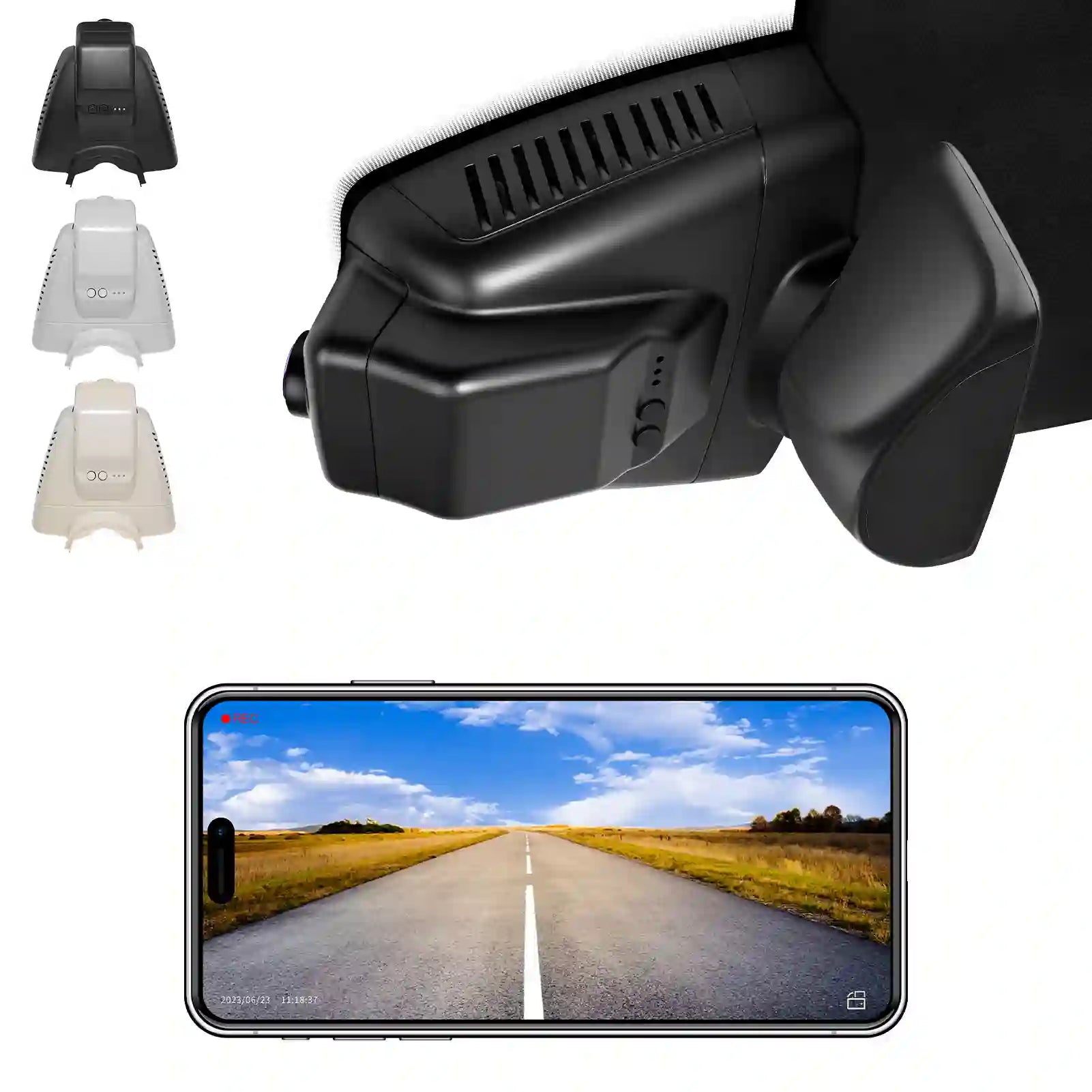 Mercedez benz model-A black Car dashboard camera with color options and a smartphone displaying a road view.