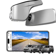 Car rearview mirror with a smartphone displaying a road scene VW tranpoter T6_T6.1