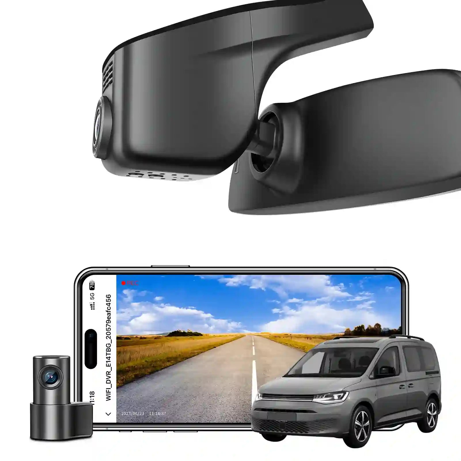 Car dashboard camera system with smartphone display and vehicle illustration on a white background
