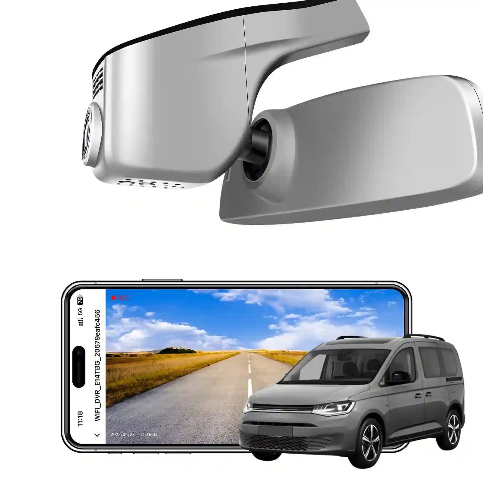 Car side mirror with a smartphone displaying a road scene and a van below.