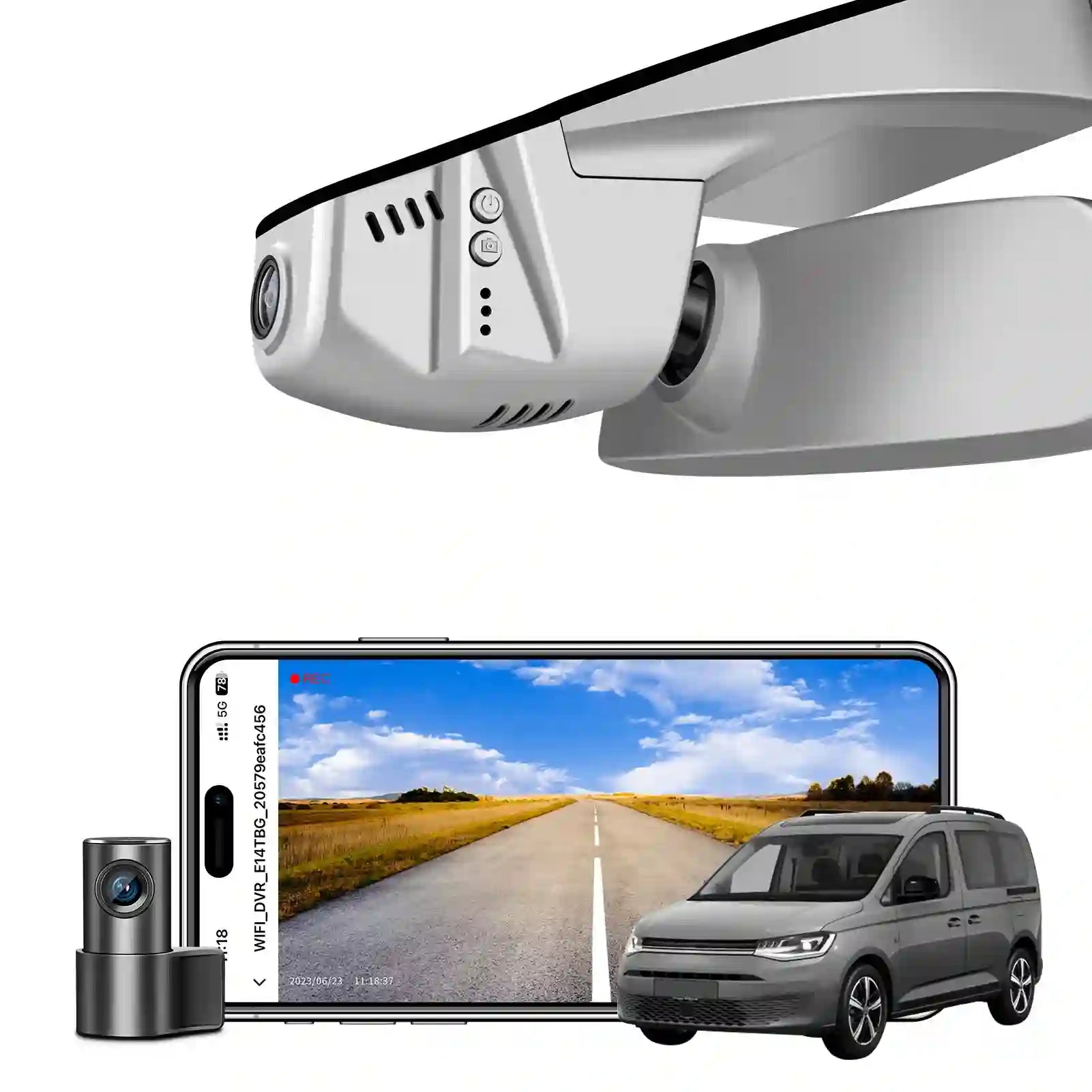 Car dashboard camera with smartphone displaying road view and car model.