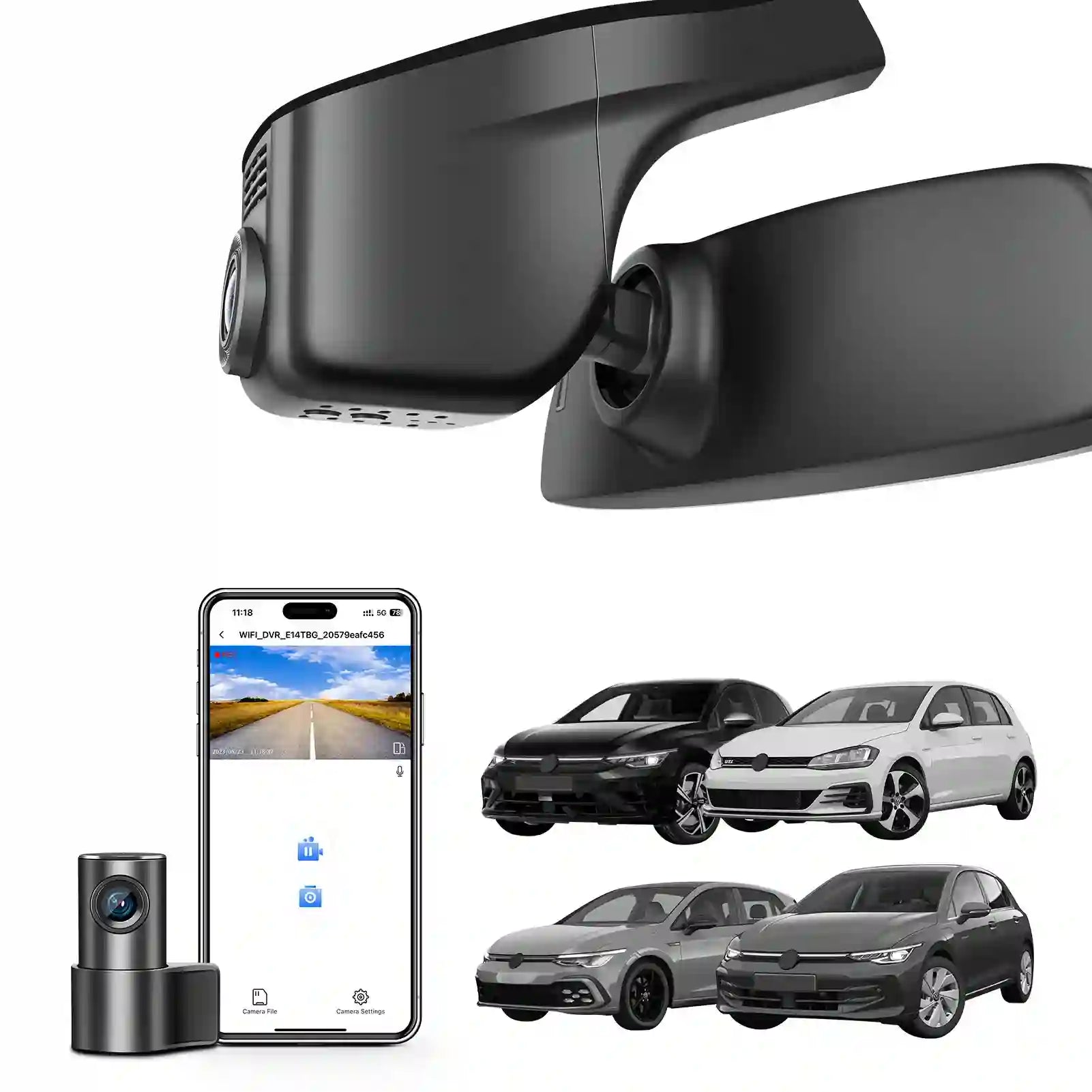 Front 4K & Rear 1080p Dash Cam for Volkswagen Golf & Golf GTI & Golf R MK 7/7.5/8 2015-2025(Model A Black), UHD 2160P, App & WiFi, Loop Recording, Easy to Install, GPS, 128GB Card