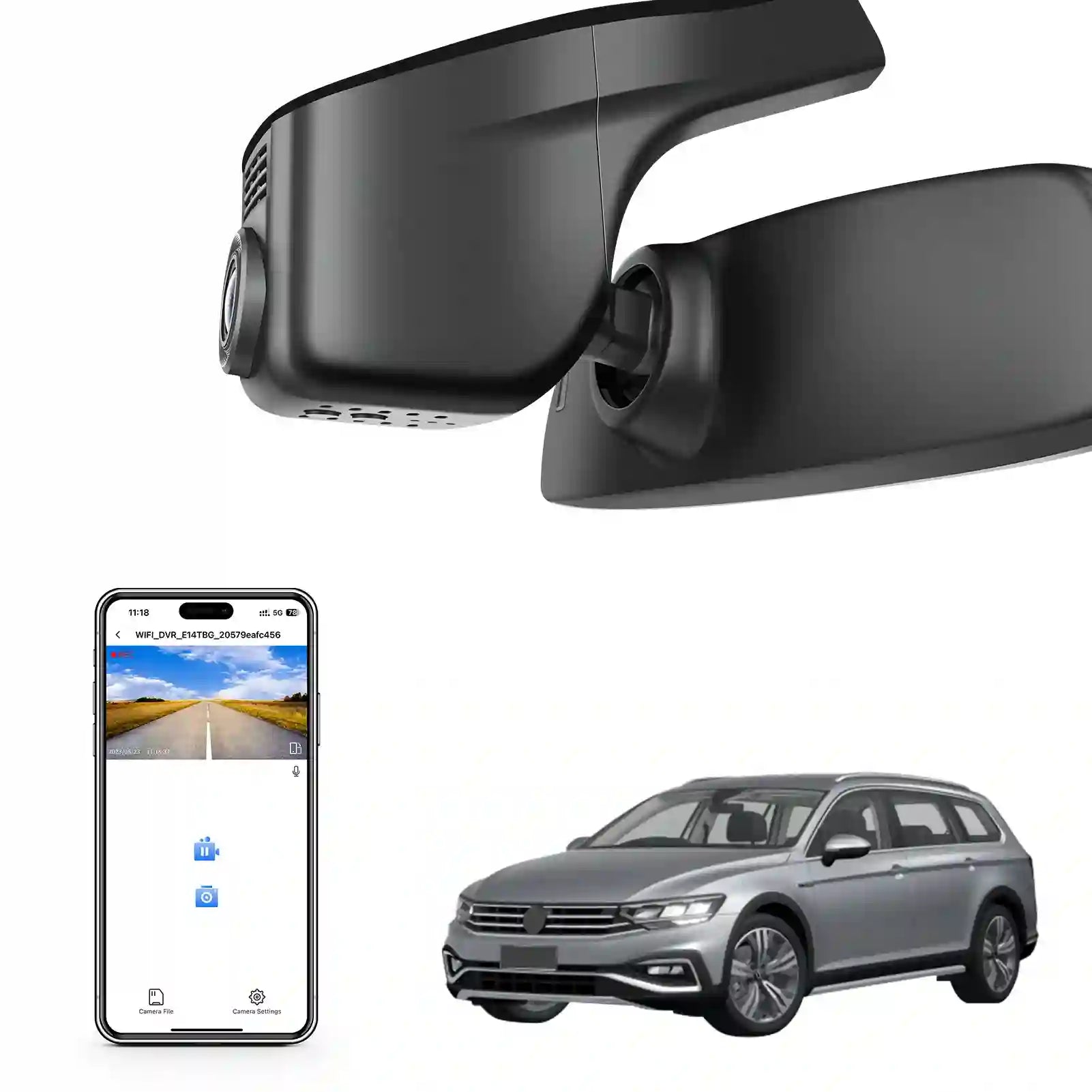 Car mirror with built-in camera, smartphone displaying app interface, 
