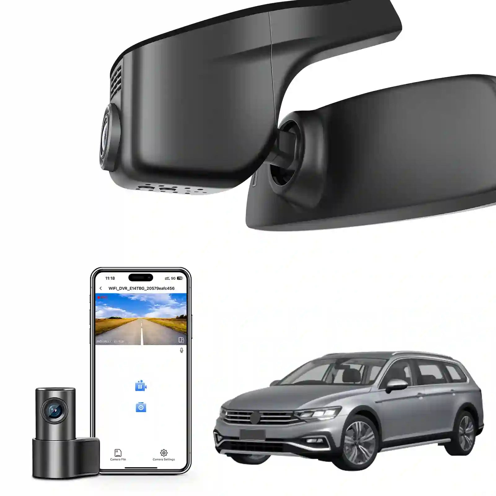 Car mirror with built-in camera, smartphone displaying app interface,