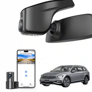 Car mirror with built-in camera, smartphone displaying app interface,