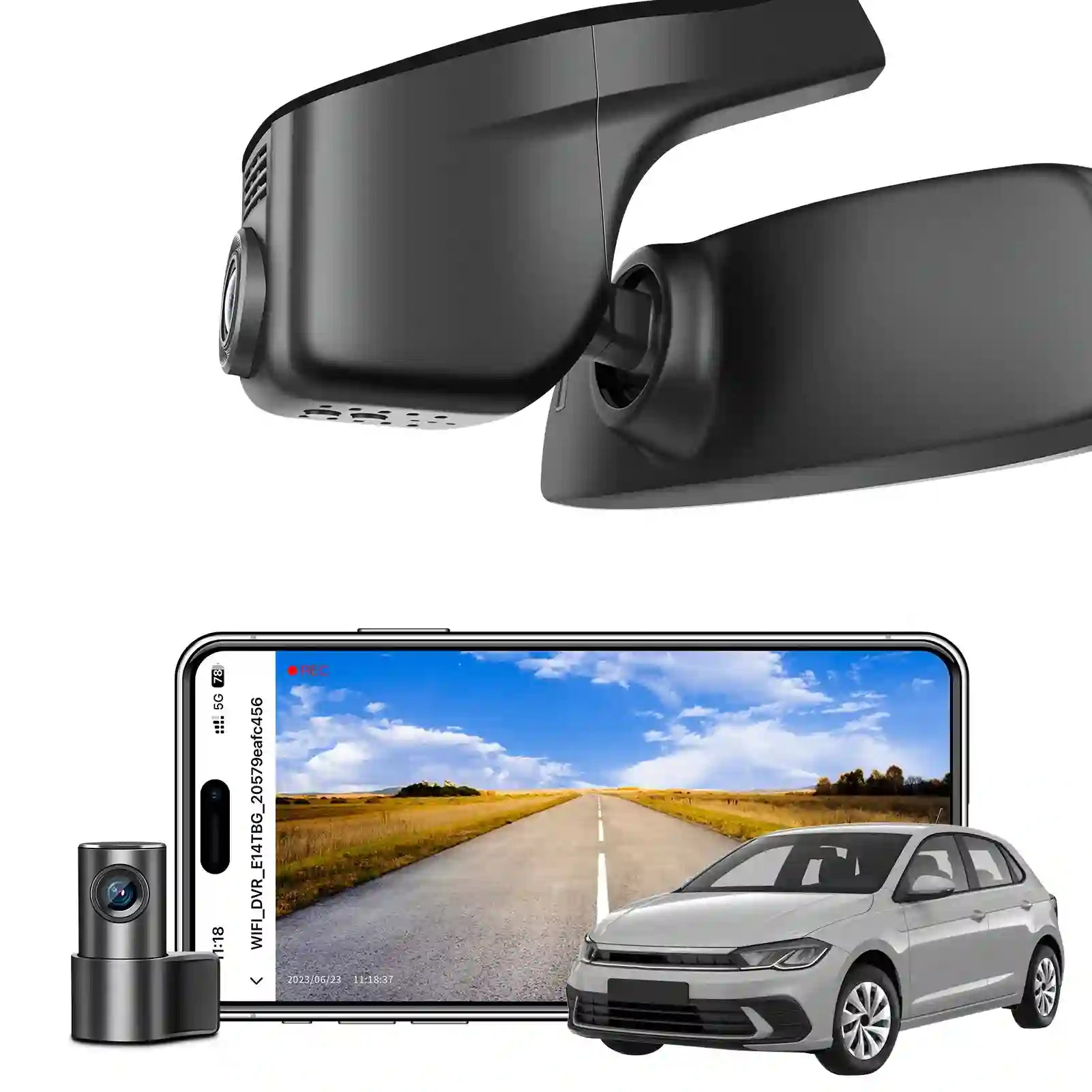 Car dashboard camera system with smartphone display and car model on a white background