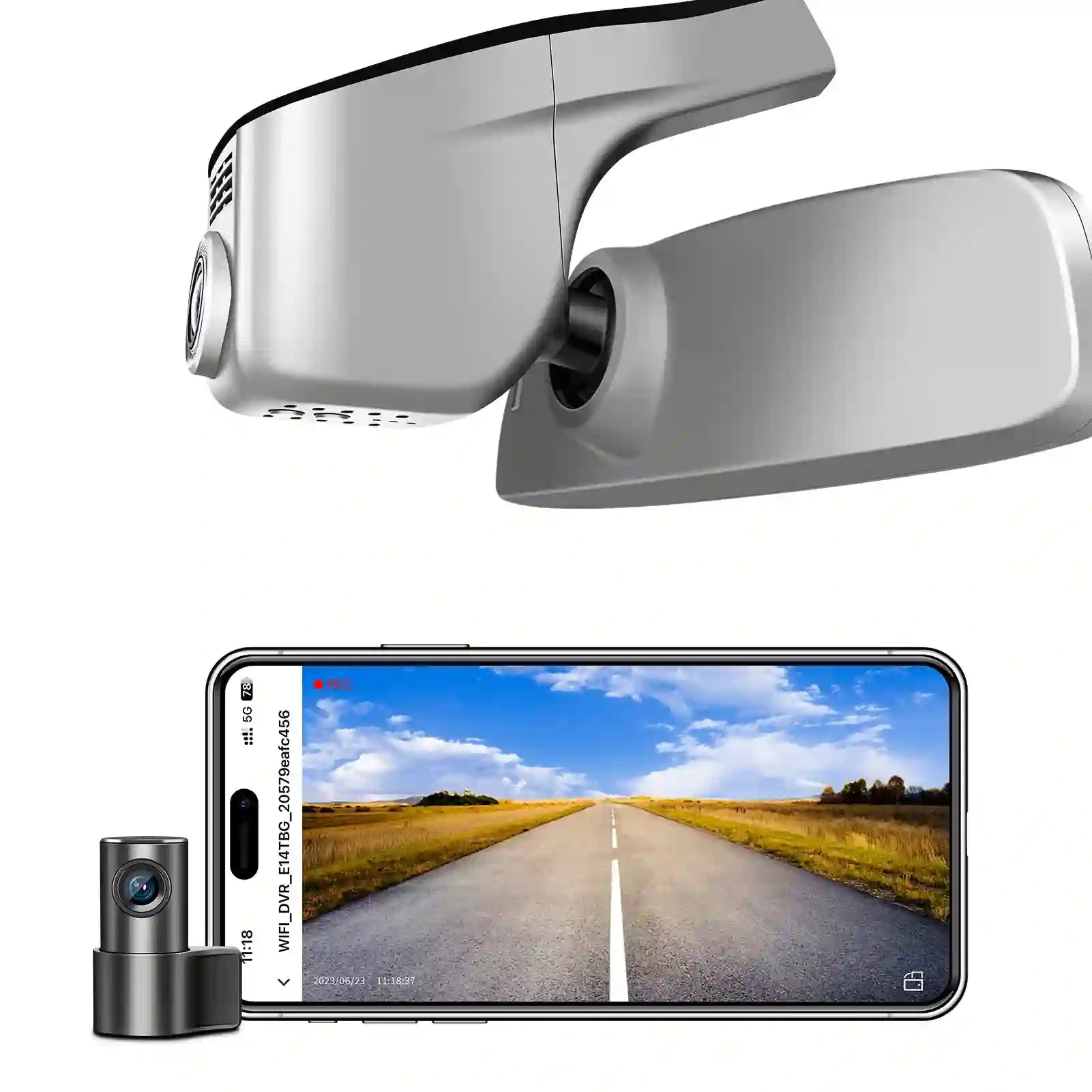 Car rearview mirror with a mounted camera and smartphone displaying a road view.