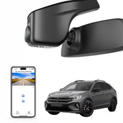 Car dashboard camera, smartphone with app interface, and car on a white background