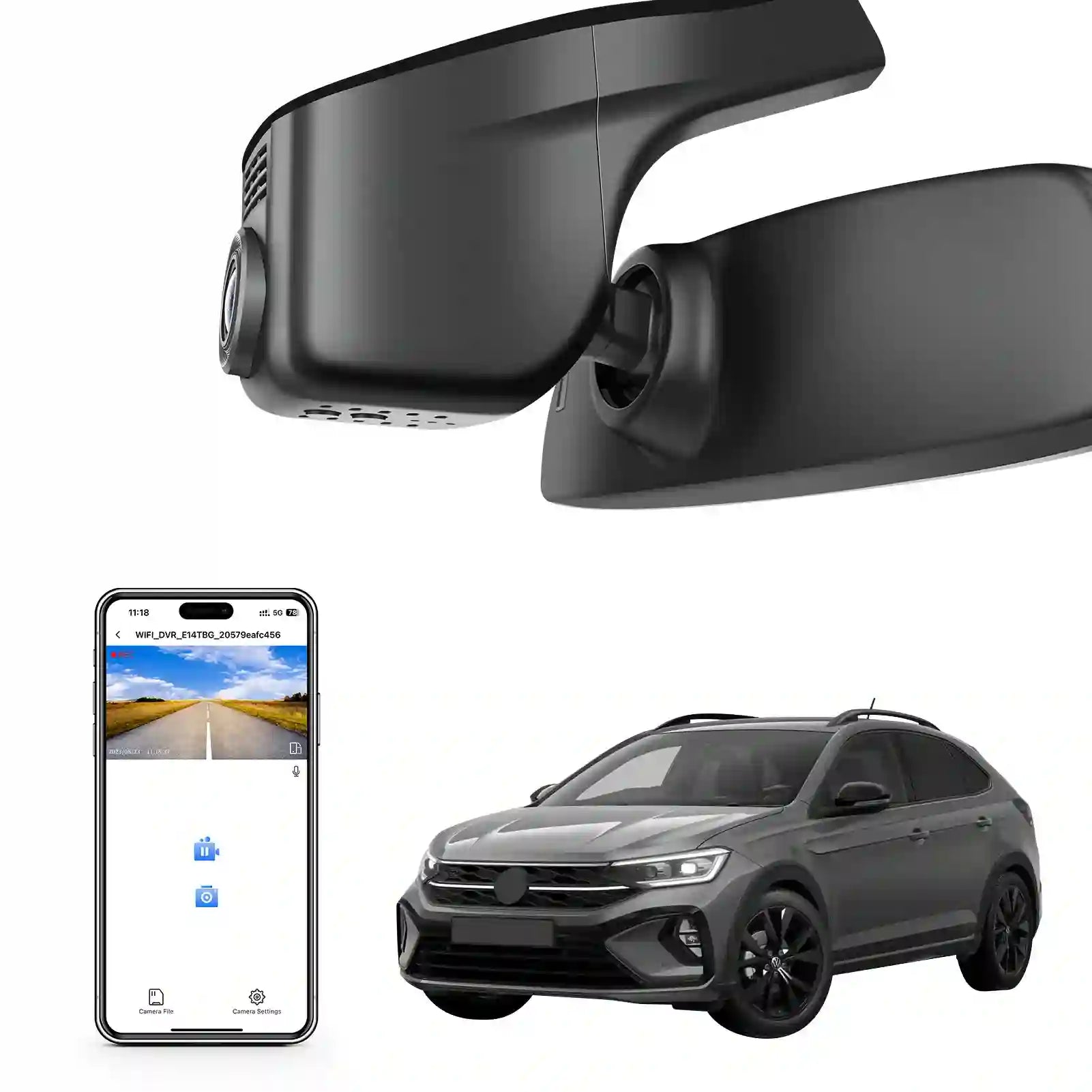 Car dashboard camera, smartphone with app interface, and car on a white background
