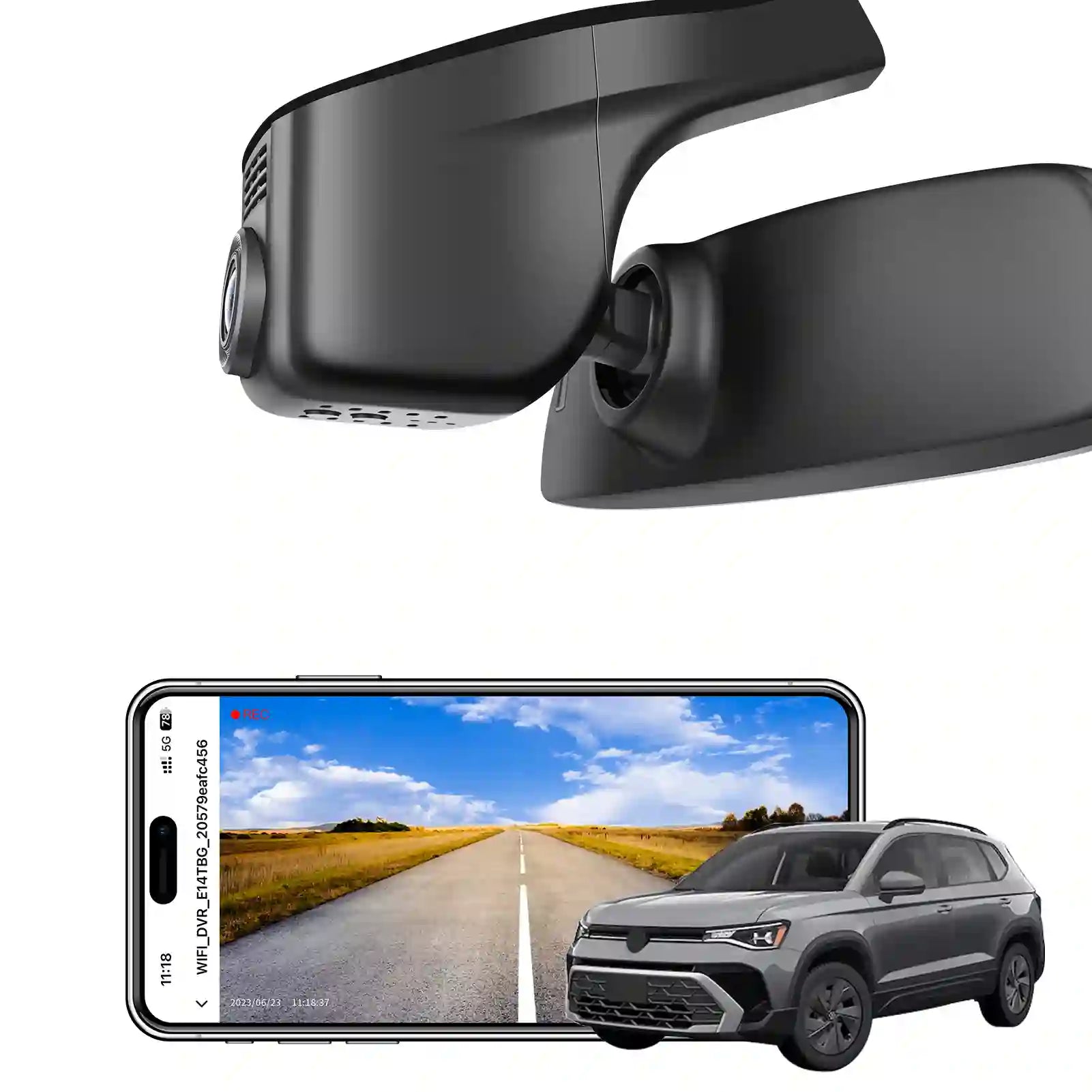 Car dashboard camera with smartphone displaying road view and car in the background
