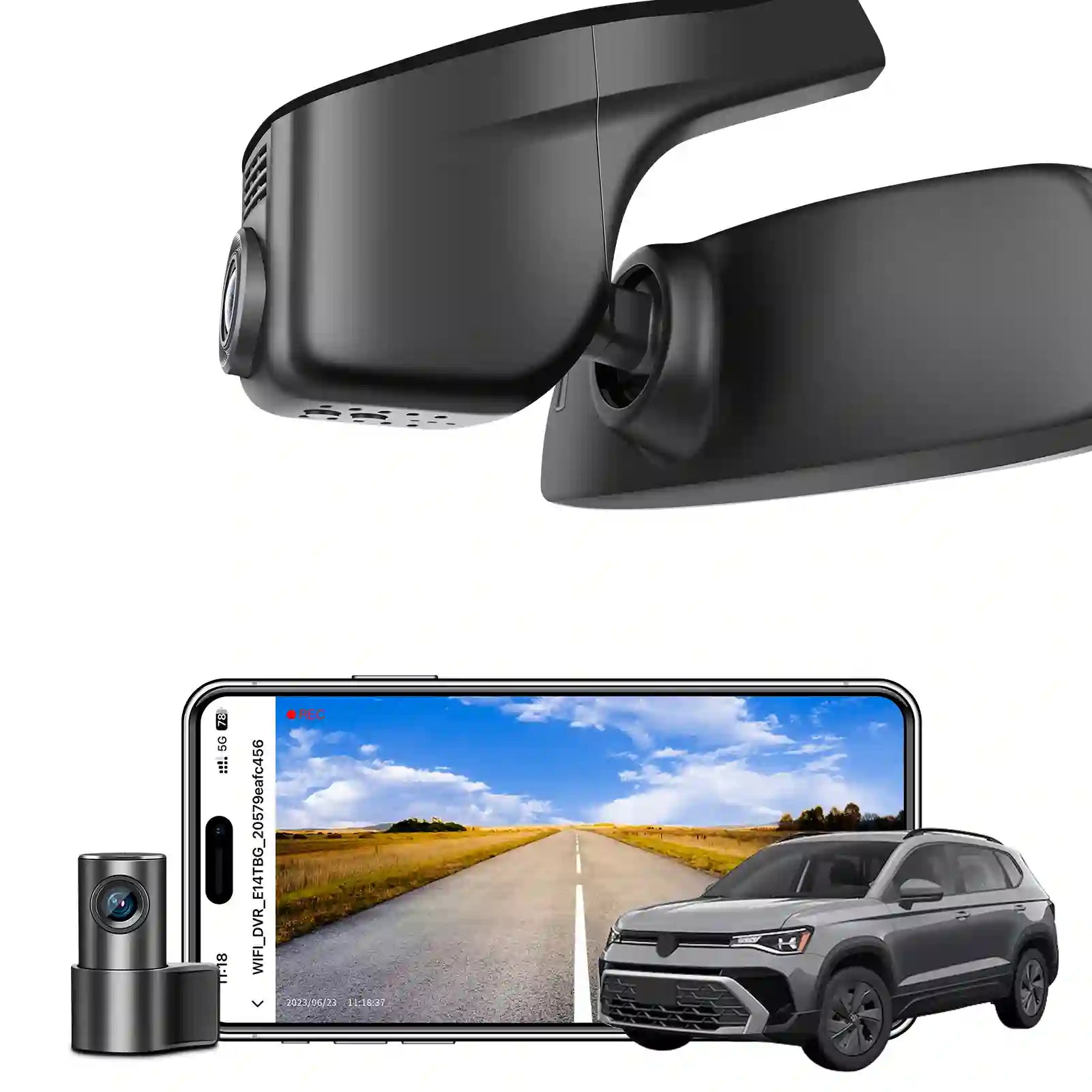 Car dashboard camera system with smartphone app interface and vehicle on a white background