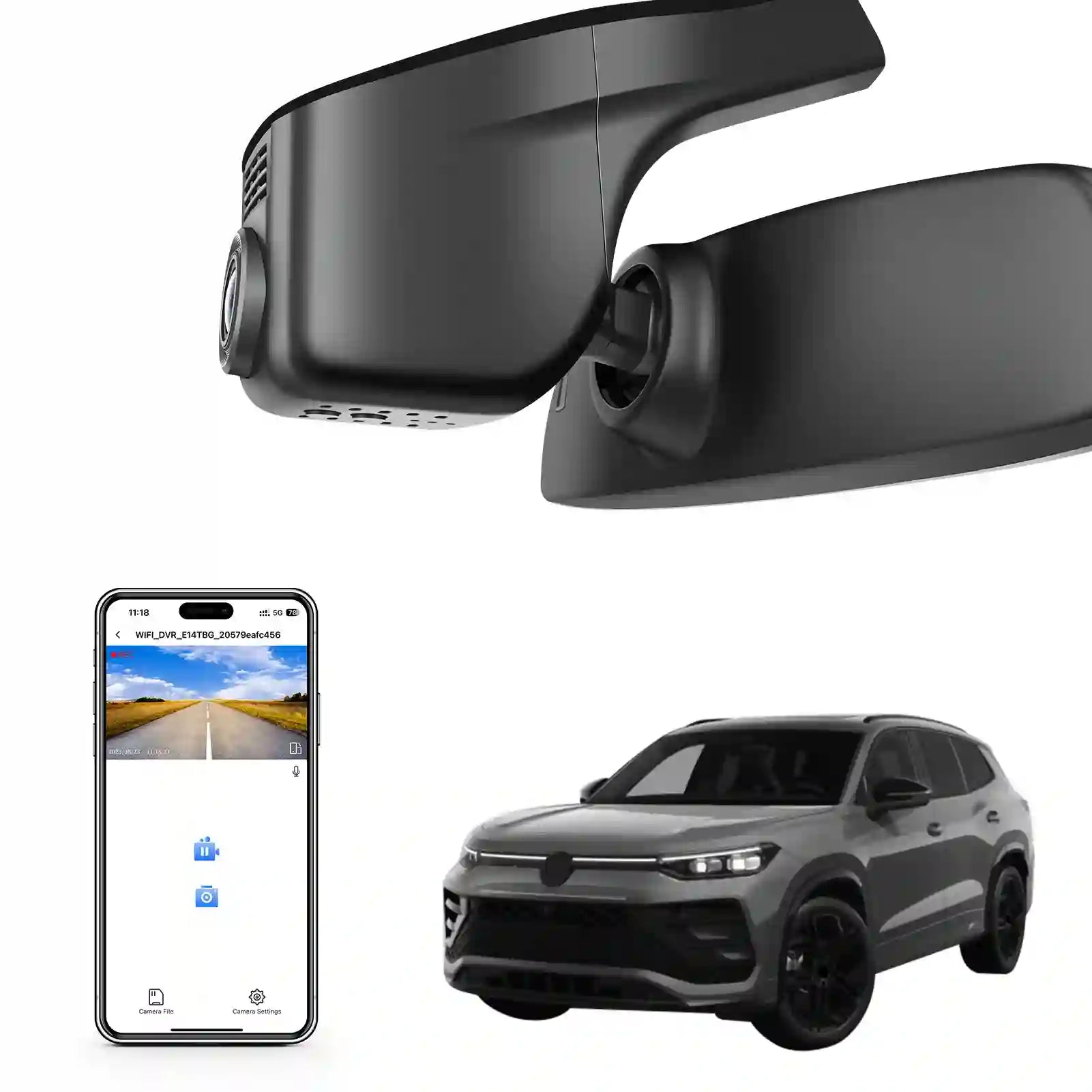 Car mirror with built-in camera, smartphone displaying app interface, and car on a white background