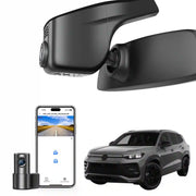Car mirror with camera, smartphone displaying app, and SUV on a white background
