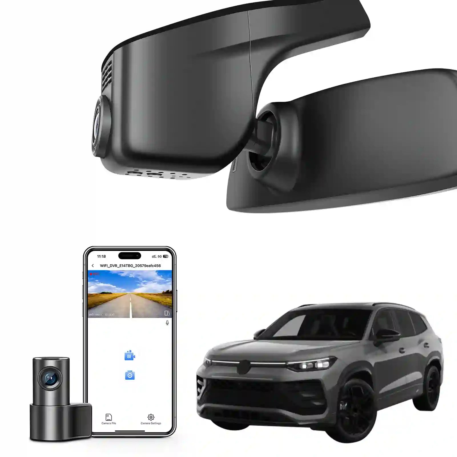 Car mirror with camera, smartphone displaying app, and SUV on a white background