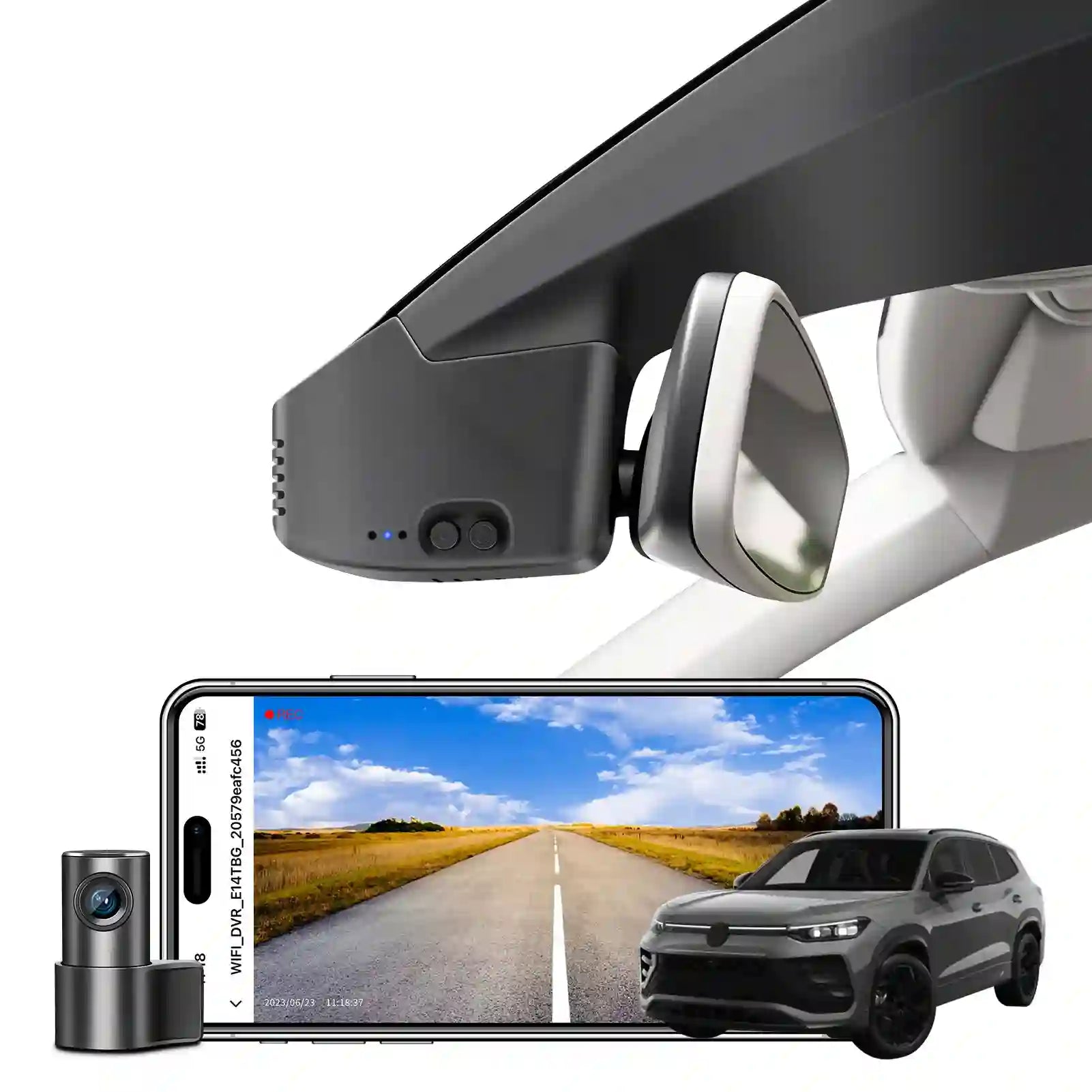 Car dashboard camera system with smartphone displaying road view and car in the background