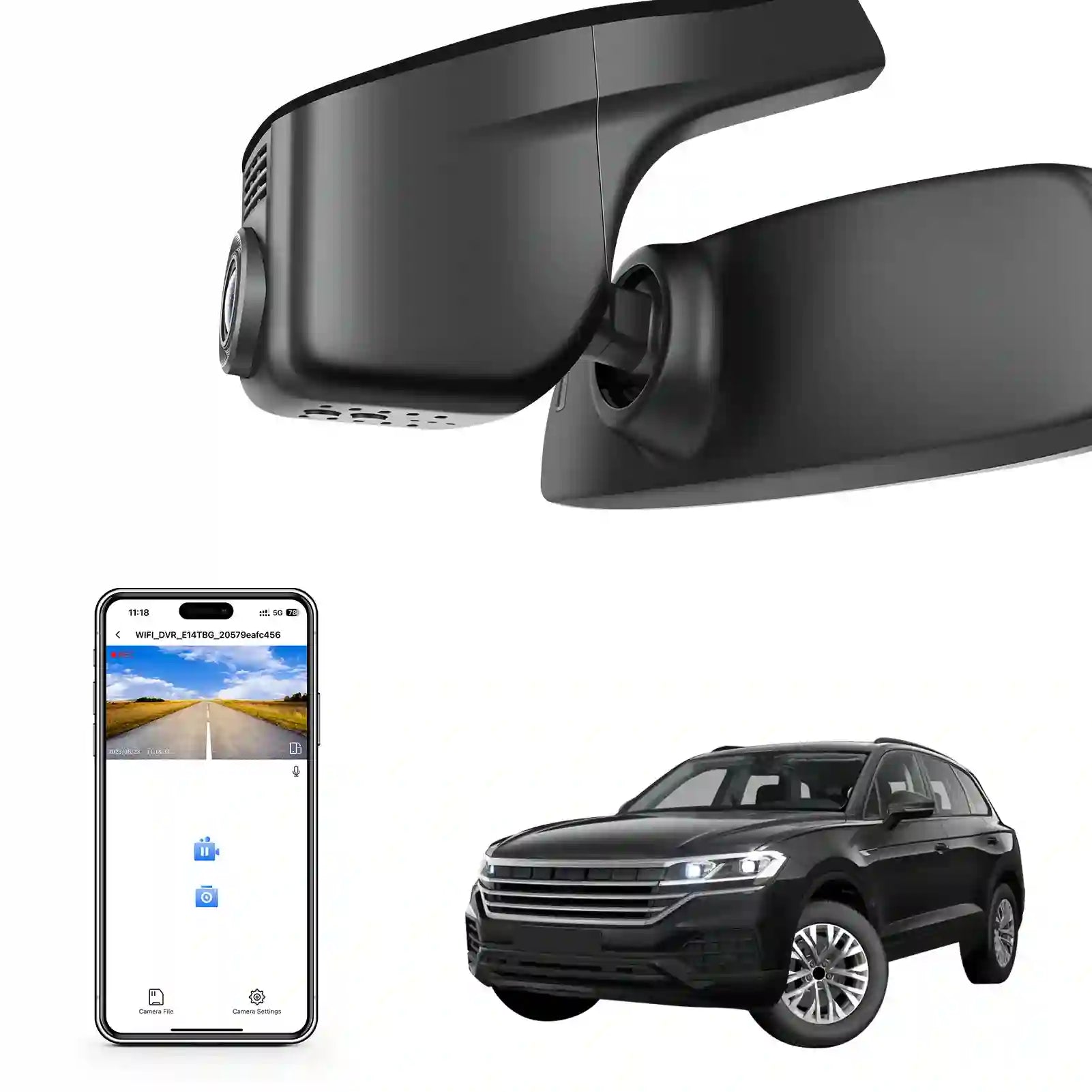 Car side mirror with built-in camera, smartphone displaying app interface, and black SUV on a white background
