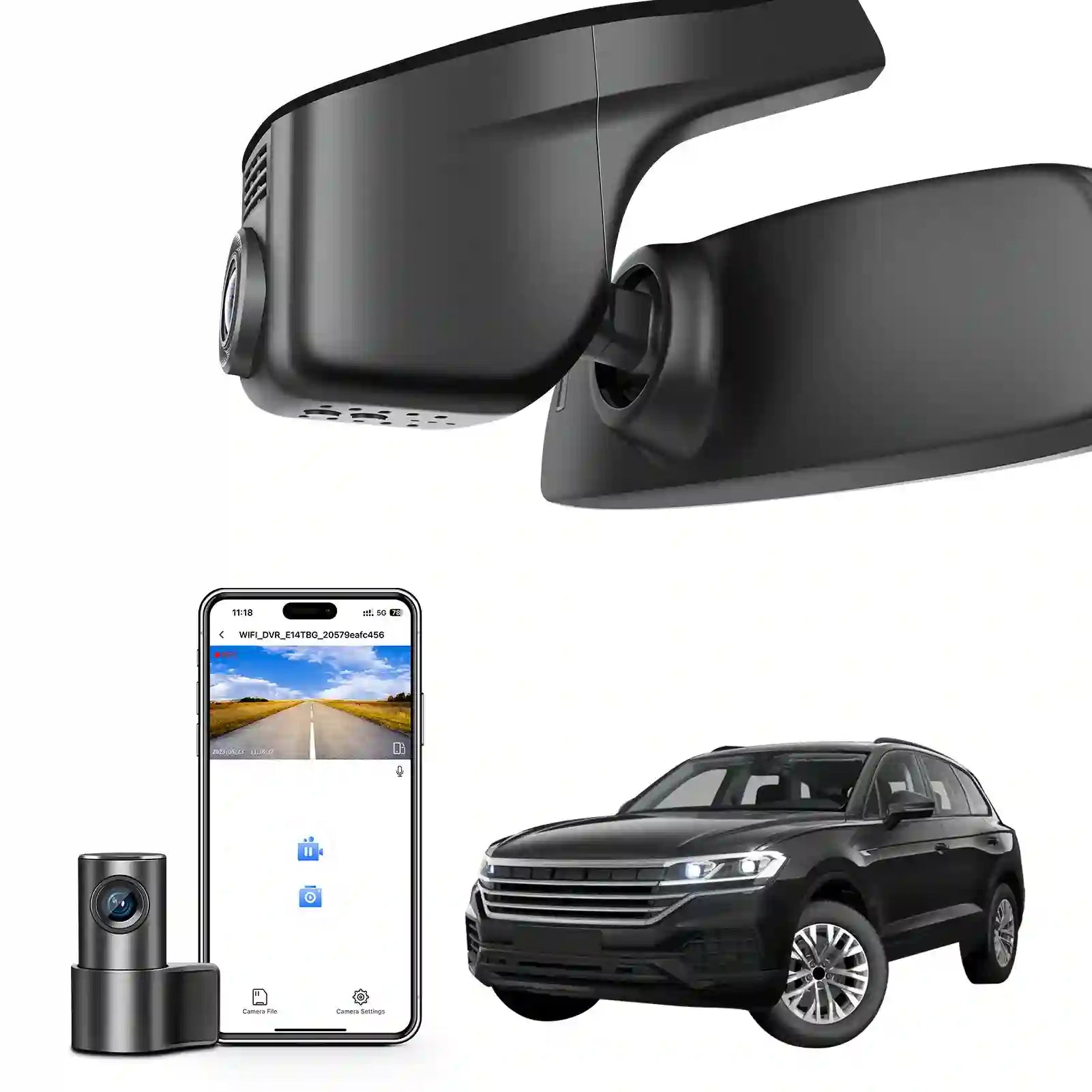 Car mirror with built-in camera, smartphone displaying app interface, and SUV on a white background