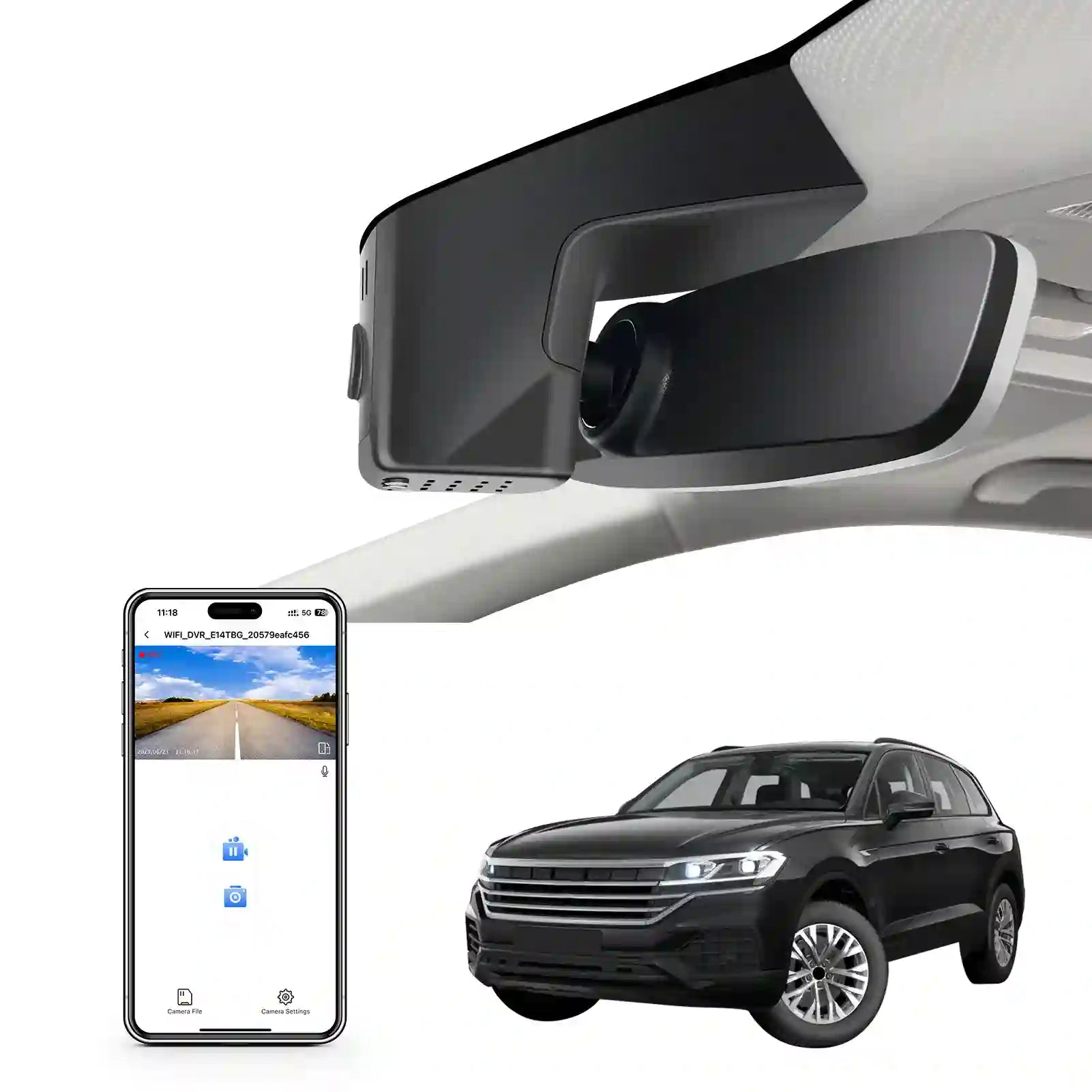 Car camera system with smartphone app and SUV on a white background