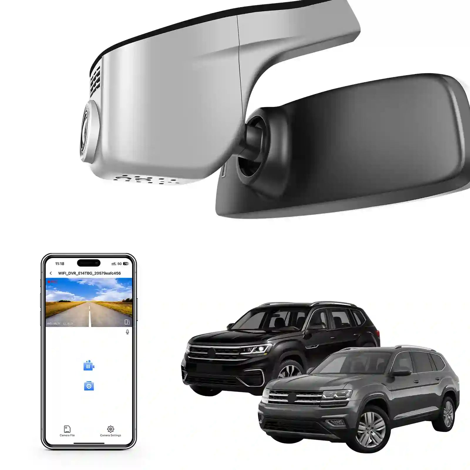 mangoal tech dash camera  Car side mirror with built-in camera and smartphone displaying camera feed, with two cars in the background.