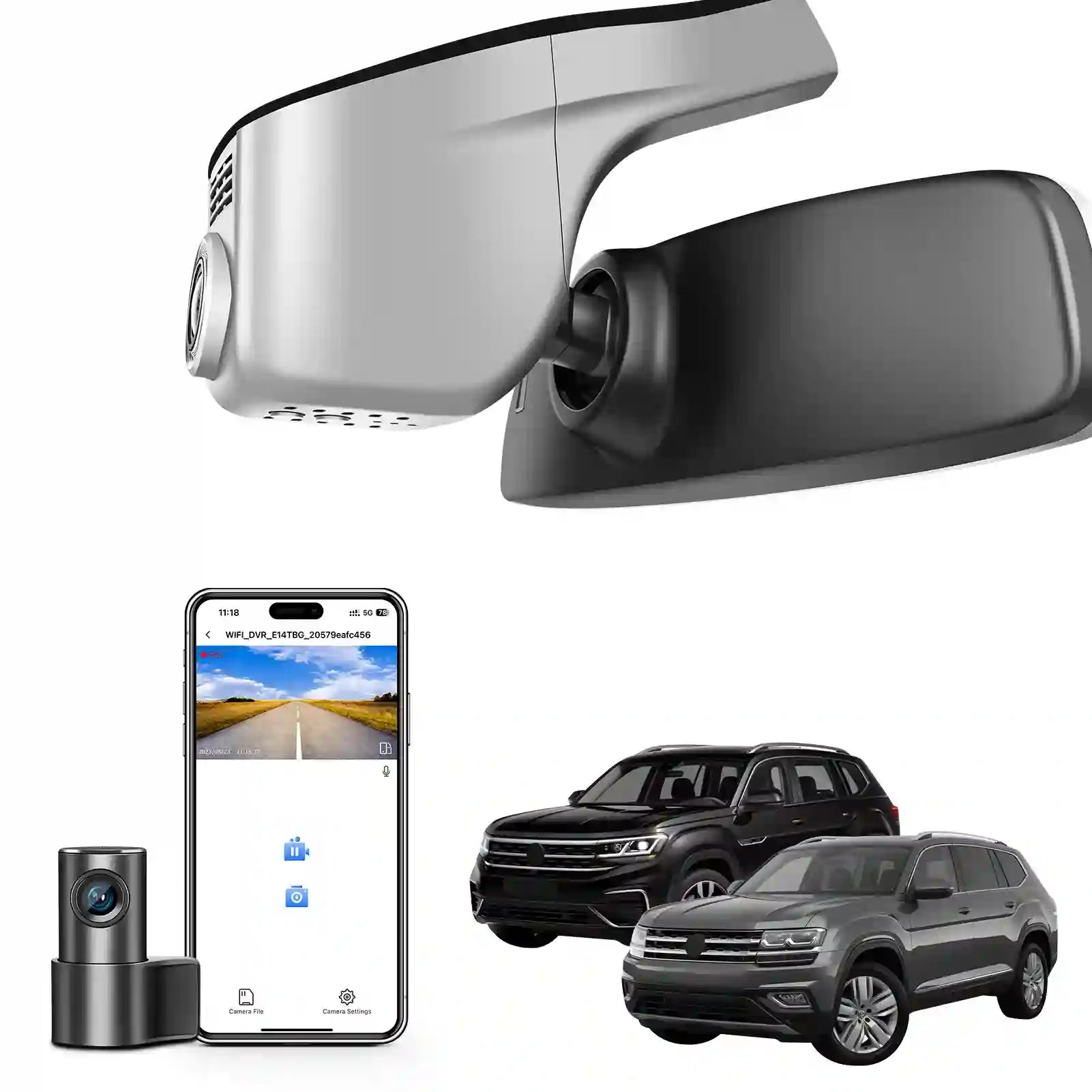 Car mirror with camera, smartphone displaying app, and two cars on a white background
