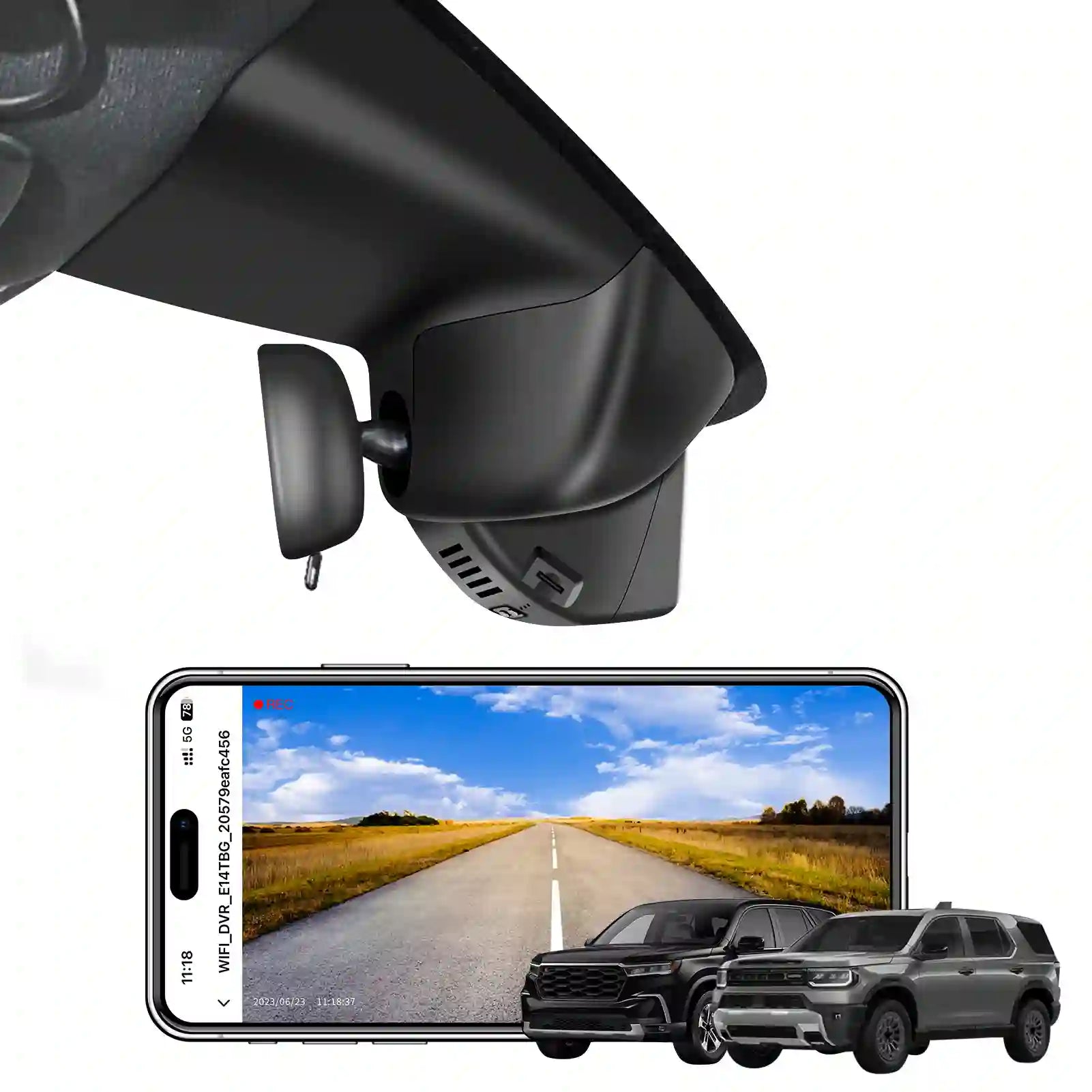 Honda pilot one Channel camera Car dashboard camera with smartphone displaying road view and two cars below on a white background