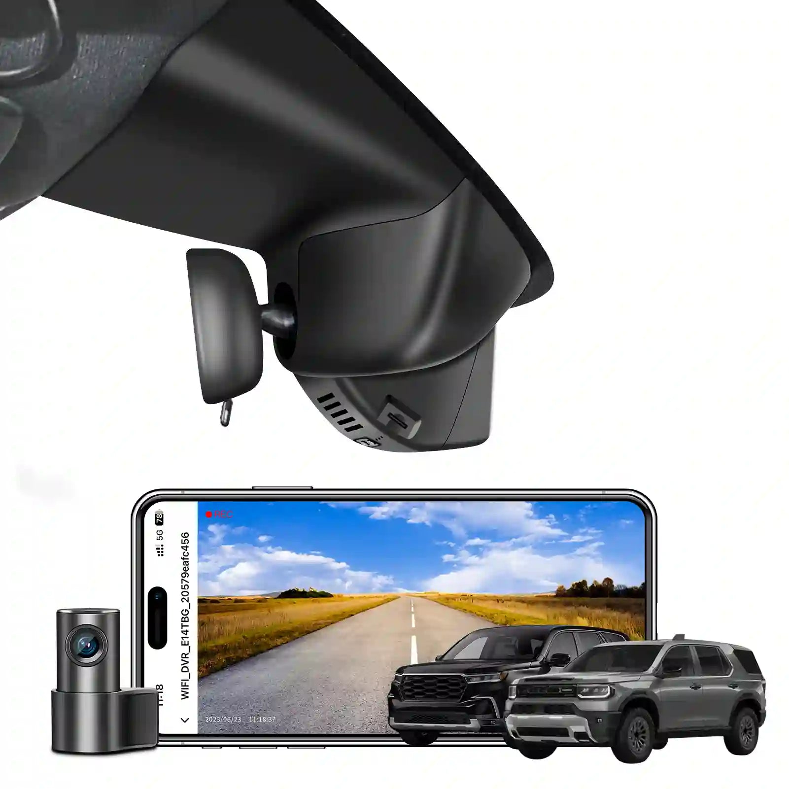 Honda Pilot, Honda Passport, Honda Ridgeiline Car camera system with smartphone displaying road view and two cars two channel camera 