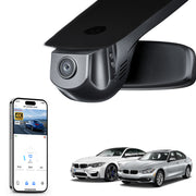 Mangoal rearview mirror built-in dash cam with smartphone app control, 4K Ultra HD recording, GPS tracking, and   models in the background.