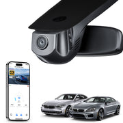 Mangoal rearview mirror built-in dash cam with smartphone app control, 4K Ultra HD recording, GPS tracking, and BMW 7 Series Gen6 models in the background.