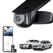 Mangoal 2 channel dash cam with STARVIS sensor, features smartphone app control, front 4K UHD and rear Full HD recording, GPS tracking, and Benz C-Class Gen4 in the background. 