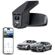 Mangoal rearview mirror built-in dash cam with smartphone app control, 4K Ultra HD recording, GPS tracking, and BMW 7 Series Gen6 models in the background.