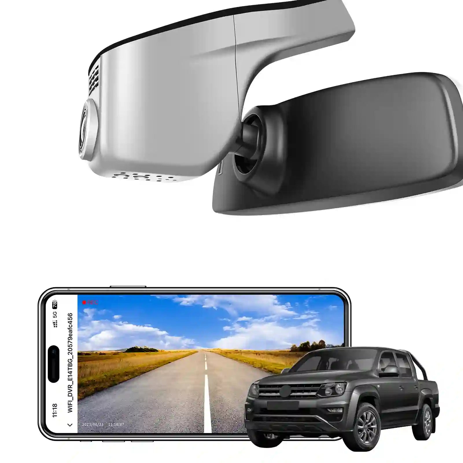 Car rearview mirror with built-in camera and smartphone displaying road view, with a black SUV in the background.