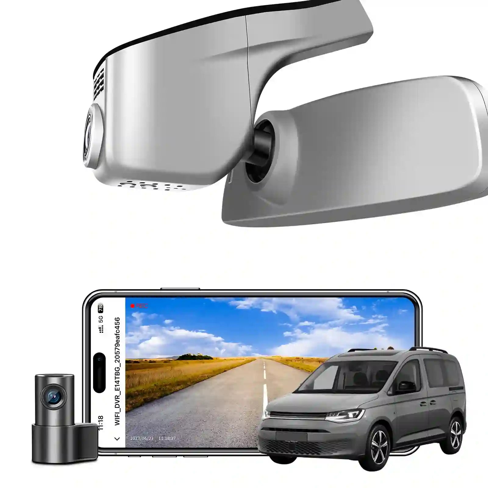 Car rearview mirror with camera, smartphone displaying road view, and car on a white background