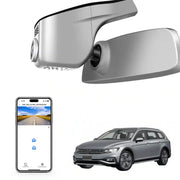 Car rearview mirror with built-in camera, smartphone displaying app interface, and car model 