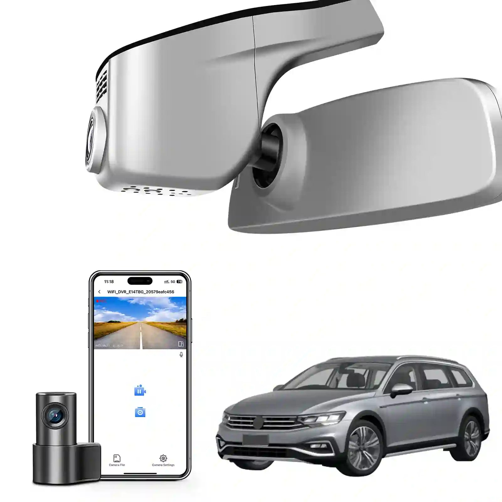 Car mirror with camera, smartphone displaying app interface, and car 