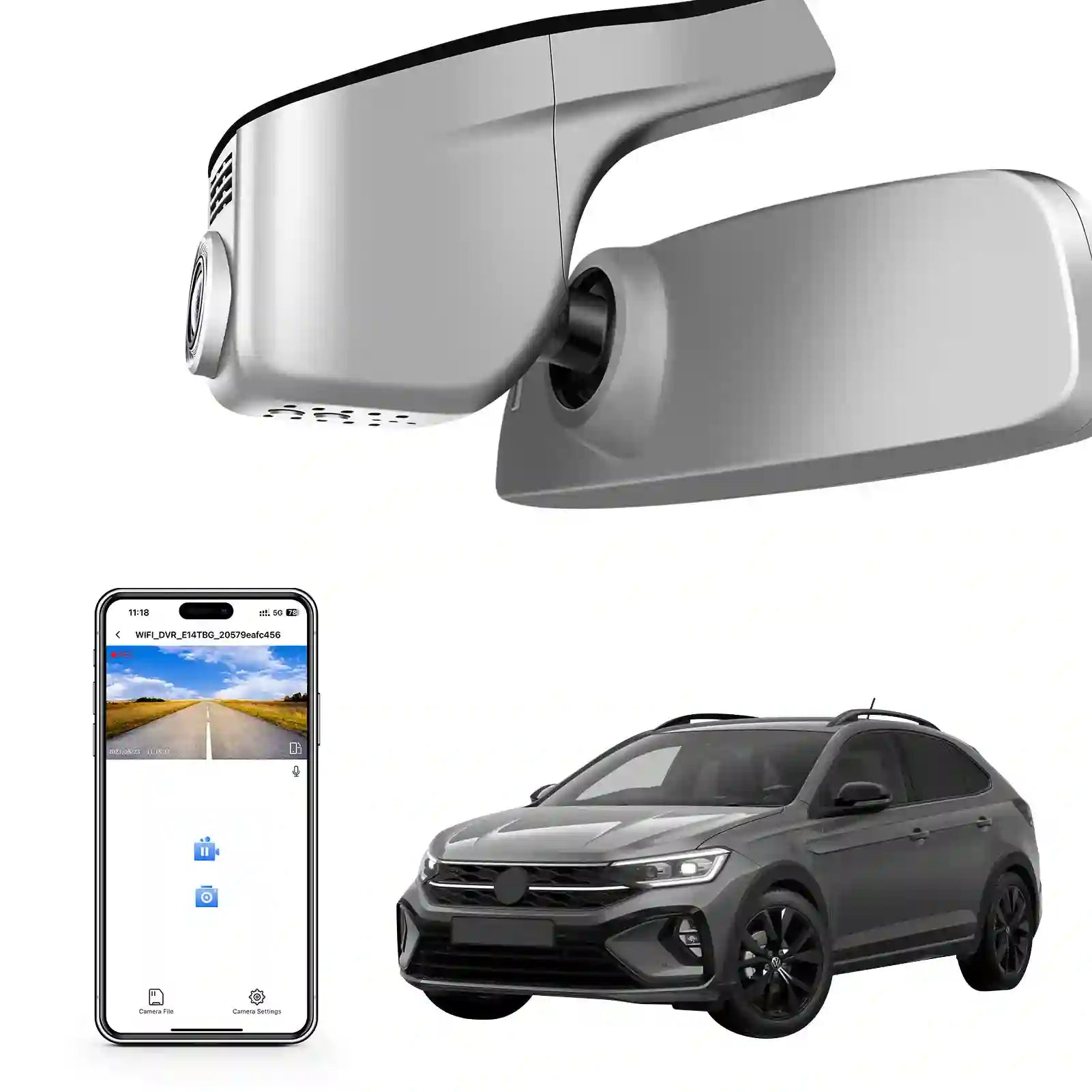 Car side mirror with built-in camera, smartphone displaying app interface, and car 4k camera