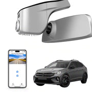 Car side mirror with built-in camera, smartphone displaying app interface, and car 4k camera