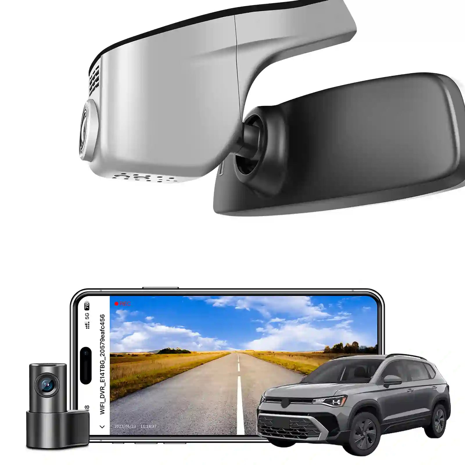 Car mirror with camera, smartphone displaying road view, and car on a white background