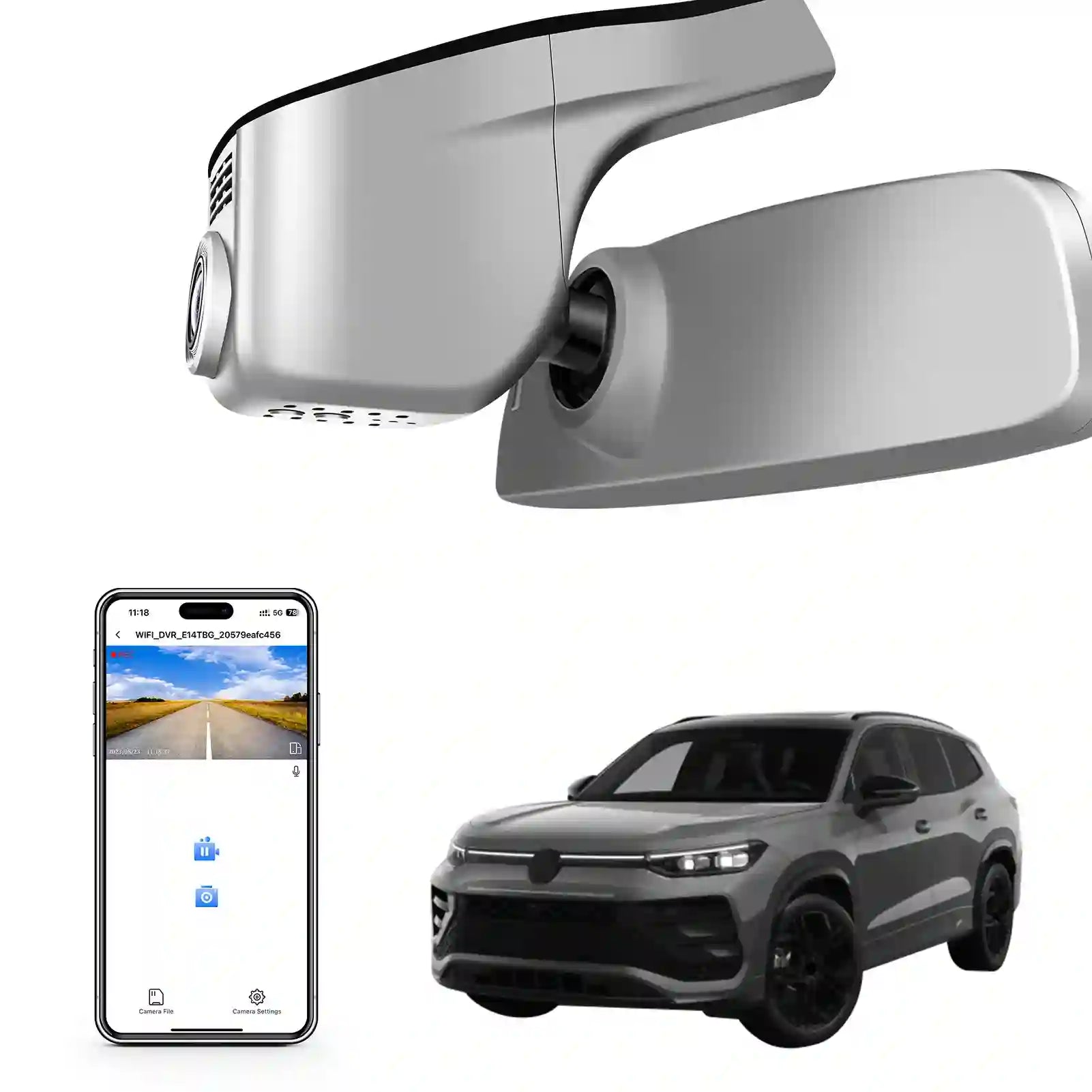 Car rearview mirror with built-in camera, smartphone displaying app interface, for SUV 