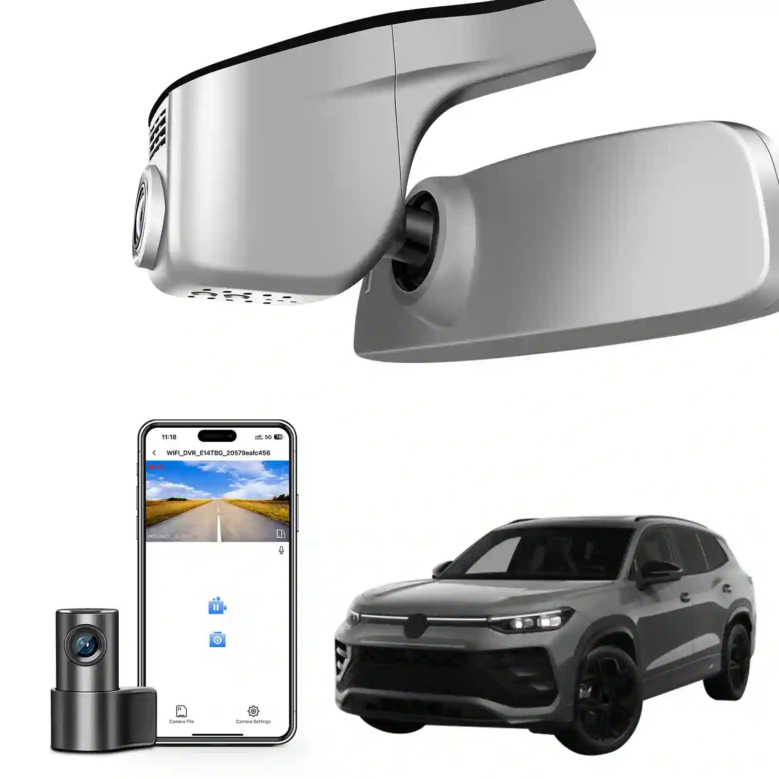 Car mirror with camera, smartphone displaying app, and SUV on a white background