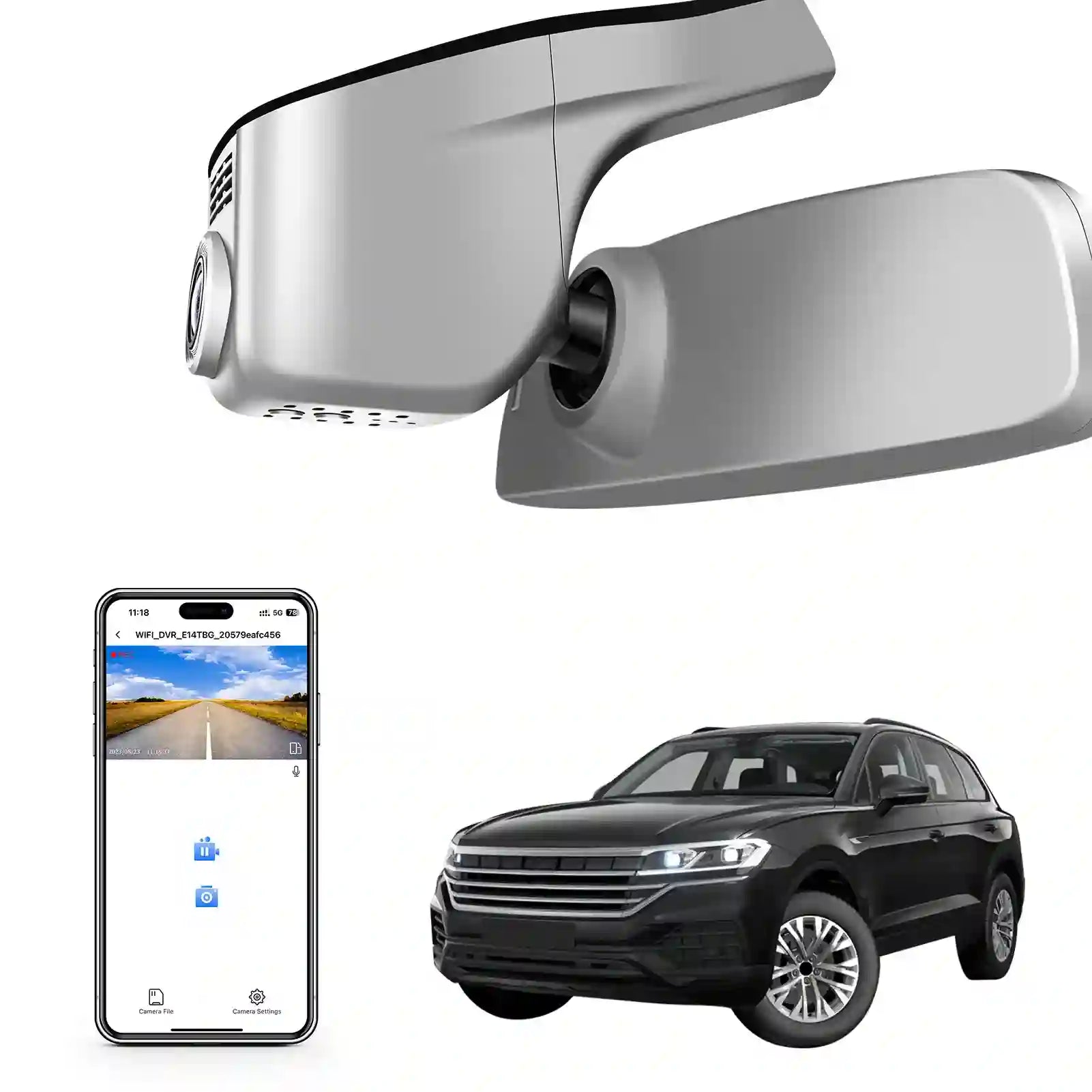 Car rearview mirror with built-in camera, smartphone displaying app interface, and black SUV.