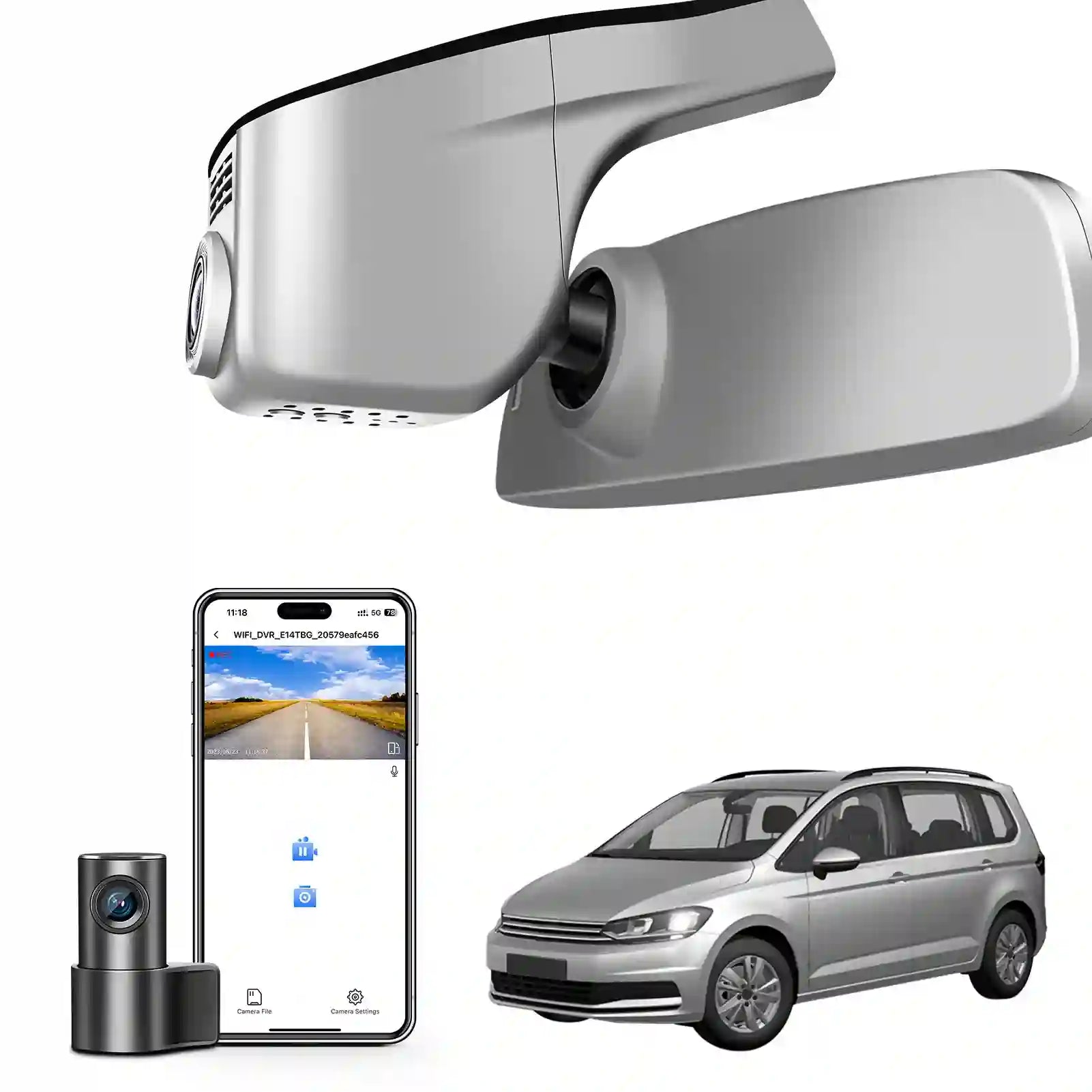Car rearview mirror with camera, smartphone displaying app, and car on a white background