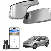 Car rearview mirror with camera, smartphone displaying app, and car on a white background