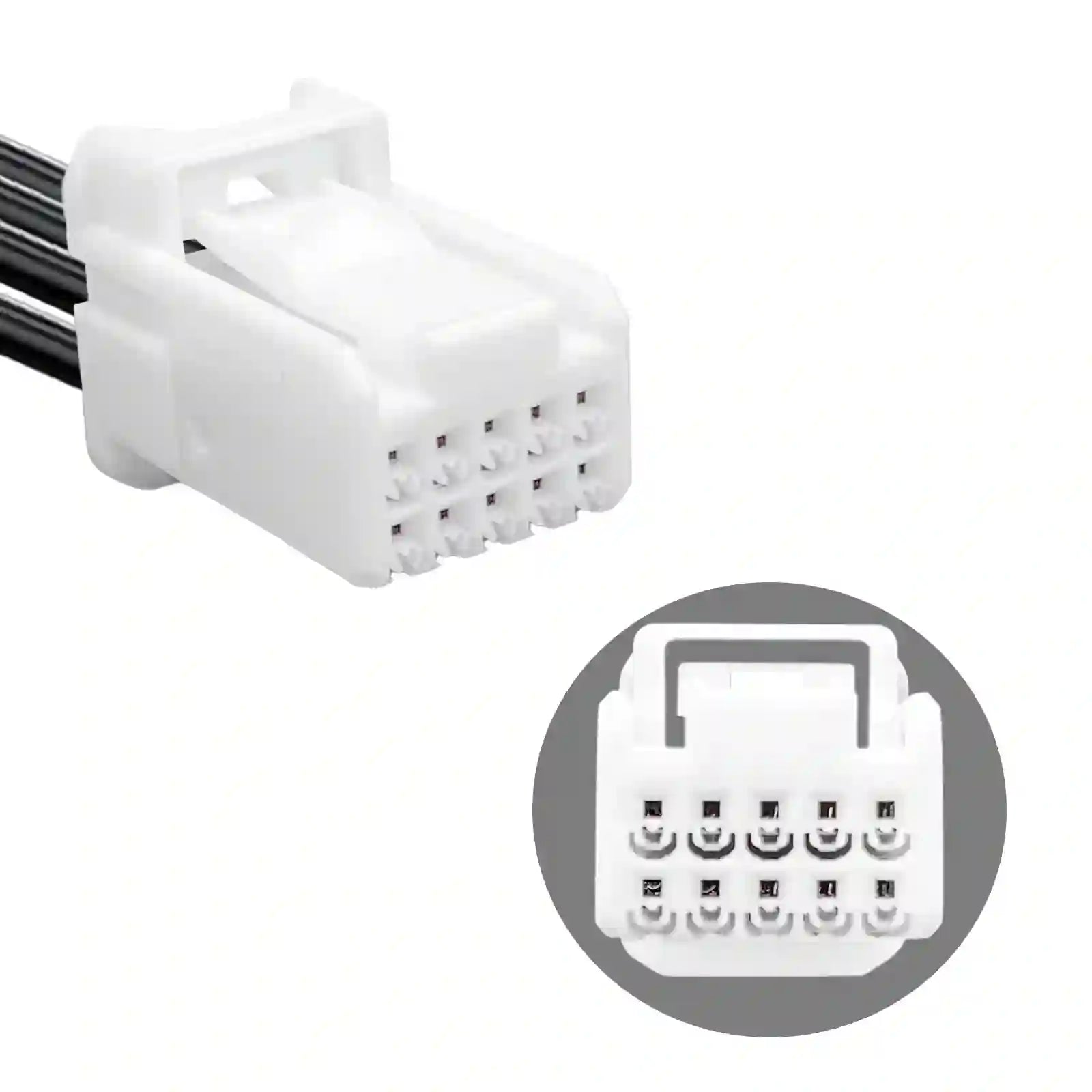 Car diagnostic connector with close-up inset on a white background