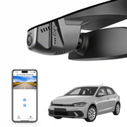 Car dashboard camera, smartphone with app interface, and car on a white background VW Polo