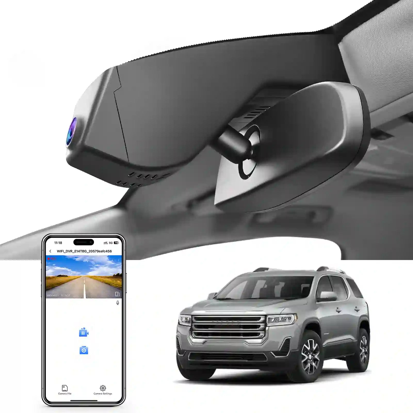 Car side mirror with camera, smartphone displaying app interface, and SUV on a white background