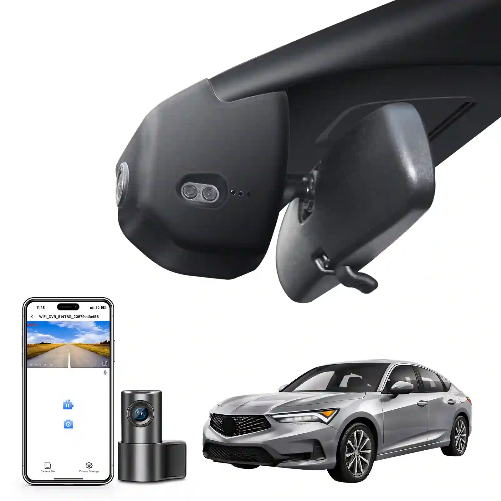 Car roof rack system with smartphone app, camera, and car on a white background for mangoal dash cam