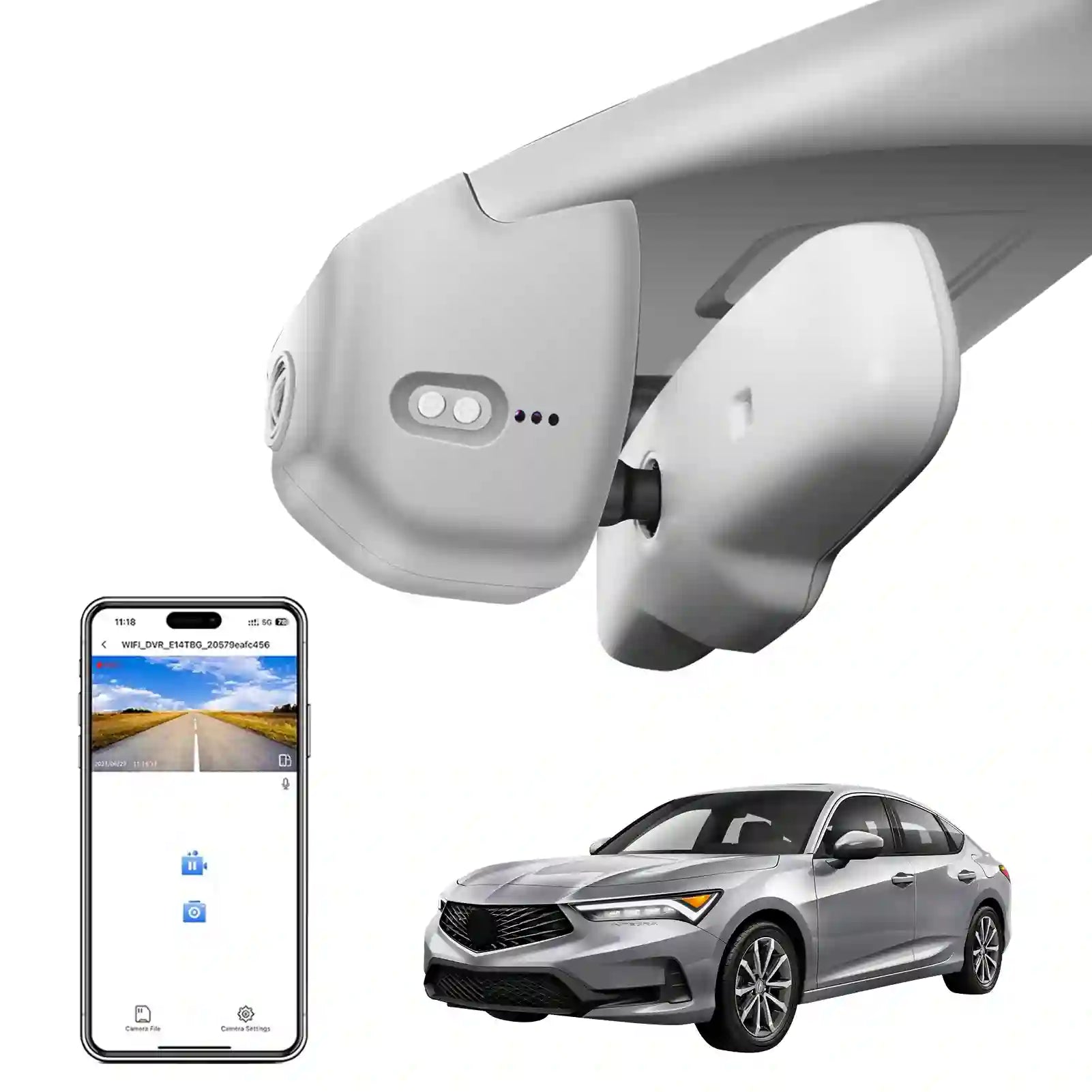 Wireless earbuds with a smartphone displaying a car app and a car in the background. by  mangoal tech dash camera for acura integra 